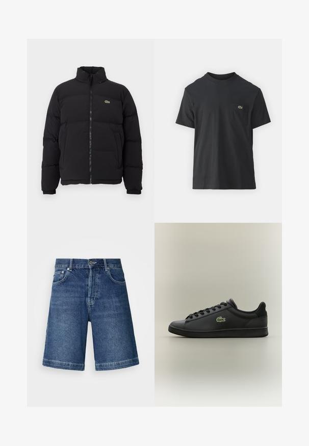 Črna napihljiva jakna z visokim ovratnikom, sprednjim zadrgo in majhnim zelenim logotipom. Ima prešite dele in elastične manšete.; Črna bombažna majica s kratkimi rokavi, okroglo ovratnikom in majhnim zelenim logotipom na levem žepu. Preprost dizajn, redna prileganje.; Denim kratke hlače v temno modri barvi, z ravnim krojem, zasnovo s petimi žepi in šivanjem na robovih. Vključujejo zaponko in zadrgo spredaj.; Črn nizki usnjeni tekač s črnimi vezalkami, ki ima na strani zeleno krokodilovo ikono, postavljen na enotnem nevtralnem ozadju.