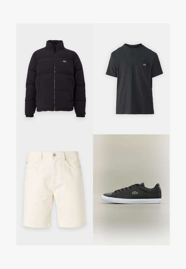 Schwarze Pufferjacke mit hohem Kragen, Frontreißverschluss und kleinem grünen Logo. Verfügt über gesteppten Bereiche und elastische Bündchen.; Schwarz Baumwoll-T-Shirt mit kurzen Ärmeln, rundem Ausschnitt und einem kleinen grünen Logo auf der linken Brusttasche. Einfaches Design, reguläre Passform.; Helle beige Jeansshorts mit klassischem Schnitt, ausgestattet mit vorderen Taschen, Gürtelschlaufen und einer Knopfverschluss. Glatte Textur in einfarbiger Ausführung.; Schwarze Leder-Sneaker mit weißer Gummisohle, ausgestattet mit einem grünen Krokodil-Logo und runden Schnürsenkeln, elegantes Design mit glatter Textur.