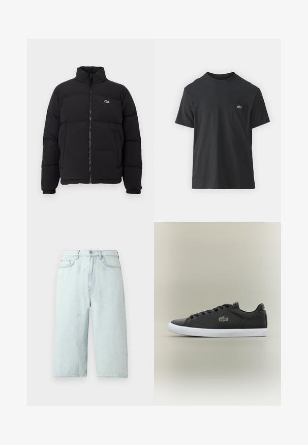 Zwarte pufferjack met een hoge kraag, voorrits en een klein groen logo. Bevat doorgestikte secties en elastische manchetten.; Zwarte katoenen t-shirt met korte mouwen, ronde halslijn en een klein groen logo op de linkerkant van de borstzak. Eenvoudig ontwerp, normale pasvorm.; Lichtblauwe denim shorts met een rechte pijp, een taille die tot halverwege de heupen reikt, steekzakken aan de voorkant en een enkele achterzak, afgewerkt met subtiele stiksels.; Zwarte leren sneakers met een witte rubberen zool, voorzien van een groen krokodil logo en ronde veters, slank ontwerp met een gladde textuur.