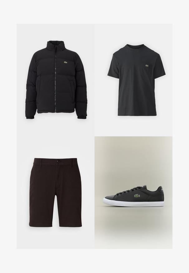 Must küll puffer-jope kõrge kraega, esine tõmblukk ning väike roheline logo. Omab tikitud osi ja elastseid mansette.; Must musta T-särk lühikeste varrukatega, ümmarguse kaelusega ja väikese rohelise logoga vasakus rinnataskus. Lihtne disain, regulaarne lõige.; Mustadest siledast kangast lühikesed püksid, millel on nööp sulgemine, vöökohapulgad ja puhtad jooned. Pikkus ulatub just üle põlve.; Mustad mustad nahast tennisetossud valge kummist tallaga, millel on roheline krokodillilogo ja ümmargused paelad, stiilne disain sujuva tekstuuriga.