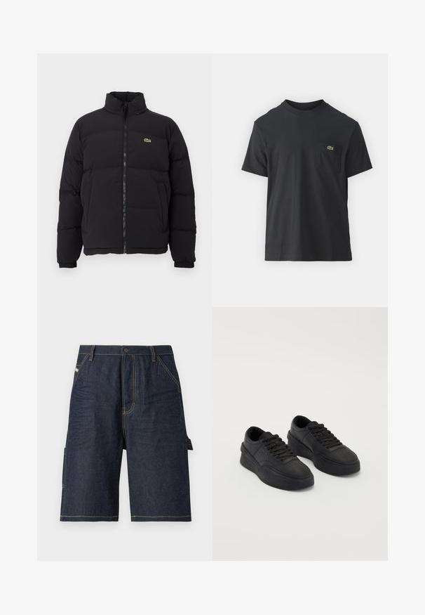 Svart pufferjacka med hög krage, framdragkedja och en liten grön logotyp. Har quiltade sektioner och elastiska ärmslut.; Svart bomullströja med korta ärmar, rund halsringning och en liten grön logotyp på vänster bröstficka. Enkelt mönster, vanlig passform.; Mörkblå denimshorts med rak passform, fem fickor, gula söm detaljer och en sidoficka för extra funktionalitet.; Svarta sneakers i slät läder med dämpad sula. Funktioner inkluderar platta snören, perforeringar på tån och en strömlinjeformad silhuett.