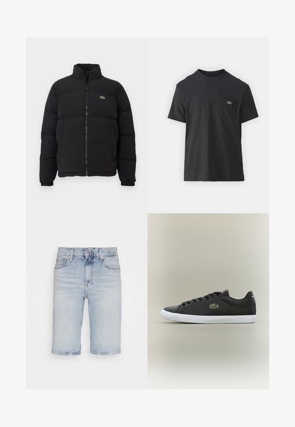 Chaqueta de plumas negra con cuello alto, cremallera frontal y un pequeño logotipo verde. Presenta secciones acolchadas y puños elásticos.; Camiseta de algodón negra de manga corta, con cuello redondo y un pequeño logotipo verde en el bolsillo izquierdo del pecho. Diseño simple, ajuste regular.; Pantalones cortos de mezclilla azul claro con corte recto. Presenta cinco bolsillos, cierre de botón y detalles desgastados a lo largo del dobladillo.; Zapatillas de cuero negro con suela de goma blanca, con un logo de cocodrilo verde y cordones redondos, diseño elegante con textura suave.