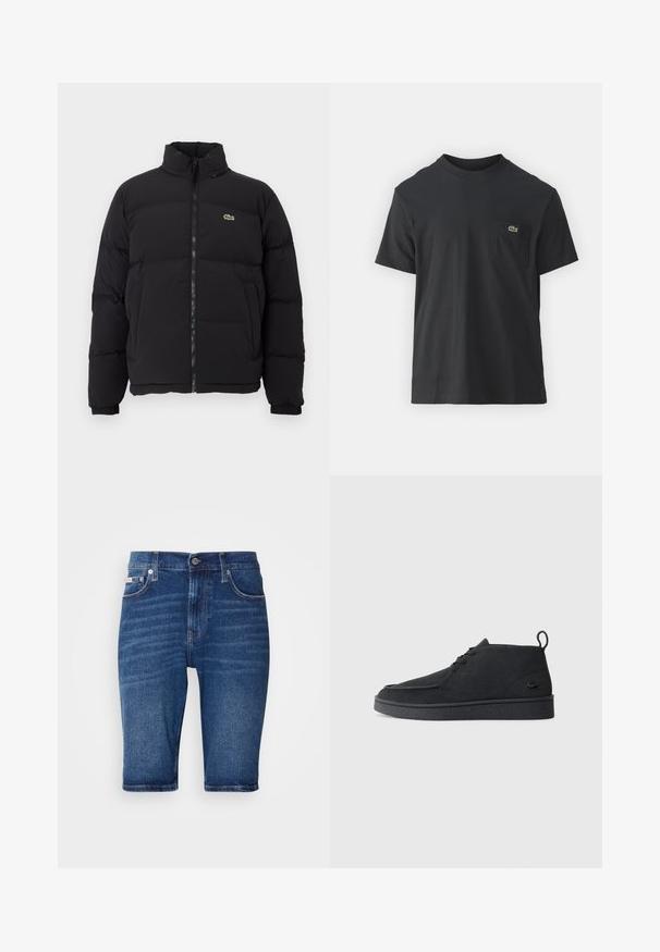 Mustapuffatakki korkealla kauluksella, edessä vetoketju ja pieni vihreä logo. Sisältää tikattuja osia ja joustavat hihansuut.; Mustat puuvillapaidat, joissa on lyhyet hihat, pyöreä pääntie ja pieni vihreä logo vasemmassa rintataskussa. Yksinkertainen muotoilu, normaali istuvuus.; Siniset farkkushortsit suoran leikkauksen, viiden taskun ja näkyvien ompeluyksityiskohtien kanssa. Materiaali on sileä ja siinä on hienovaraisia haalistumia.; Mustat mokka nauhalla suljettavat nilkkasaappaat, joissa on vetotappi ja teksturoitu pohja, sekä pieni kohokuvioitu krokotiililogo sivulla.