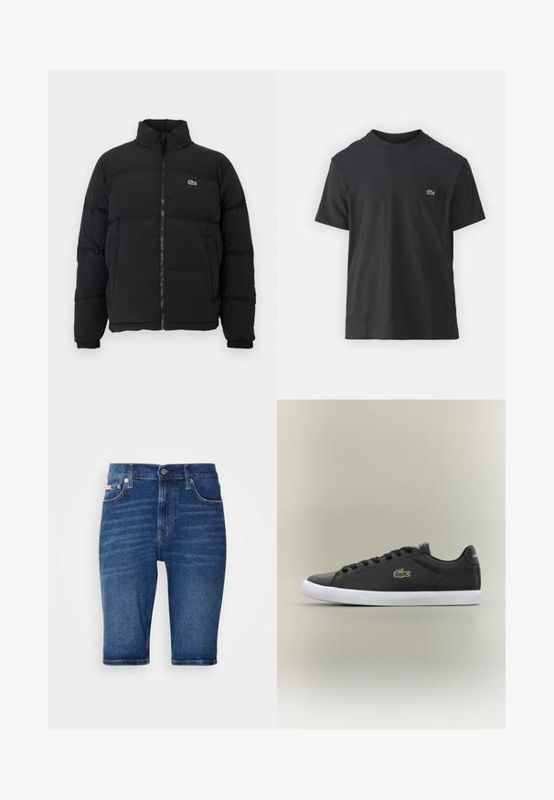 Crni zimski kaput s visokim ovratnikom, prednjim zatvaračem i malim zelenim logotipom. Sadrži kvadrate sa stupovima i elastične manžete.; Crna pamučna majica s kratkim rukavima, okruglim izrezom i malim zelenim logotipom na lijevoj strani džepa. Jednostavan dizajn, regularni kroj.; Plave traperice kratke hlače ravnog kroja, s pet džepova i vidljivim detaljima šivanja. Materijal ima glatku teksturu s blagim izblijedjenjem.; Crne kožne tenisice s bijelim gumenim potplatom, s zelenim krokodilom kao logotipom i okruglim vezicama, elegantnog dizajna s glatkom teksturom.