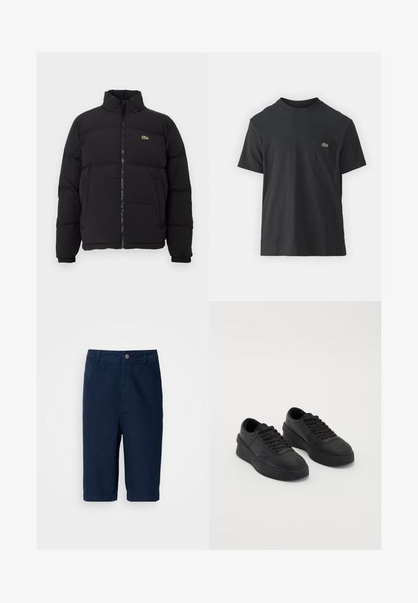 Melnā pūkainā jaka ar augstu apkakli, priekšējo rāvējslēdzēju un mazu zaļu logotipu. Iezīmējas ar kviltētām sekcijām un elastīgām aprocēm.; Melnas kokvilnas T-krekls ar īsām piedurknēm, apaļu kakla izgriezumu un mazu zaļu logotipu kreisajā krūšu kabatē. Vienkāršs dizains, regulāra piegriezuma.; Tumši zili šorti no kokvilnas auduma ar taisnu griezumu, pogu aizdari un jostu cilpām. Iekļaujiet apšuvumus un divus sānu kabatas.; Melnas kedas, izgatavotas no gludas ādas, ar mīkstu zoli. Iespējas ietver plakanu auklu, perforācijas uz pirksta un elegantu siluetu.