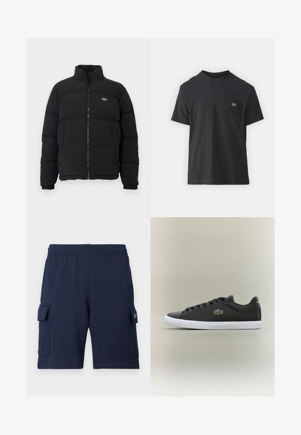 Fekete puffernadrág magas gallérral, elülső cipzárral és egy kicsi zöld logóval. Steppelt részekkel és rugalmas mandzsettákkal rendelkezik.; Fekete pamut póló rövid ujjakkal, kerek nyakú, bal oldalon egy kis zöld logóval a zseb fölött. Egyszerű dizájn, normál szabású.; Tengerészkék rakodó rövidnadrág, puha anyagból készült, gumis derékrésszel, két oldalzsebbel és egy kis logóval a bal zsebén.; Fekete bőr sportcipők fehér gumitalppal, zöld krokodil logóval és kerek fűzőkkel, elegáns dizájn sima felülettel.