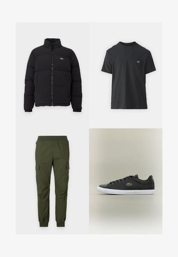 Schwarze Pufferjacke mit hohem Kragen, Frontreißverschluss und kleinem grünen Logo. Verfügt über gesteppten Bereiche und elastische Bündchen.; Schwarz Baumwoll-T-Shirt mit kurzen Ärmeln, rundem Ausschnitt und einem kleinen grünen Logo auf der linken Brusttasche. Einfaches Design, reguläre Passform.; Olivgrüne Cargo-Hosen mit elastischem Bund, Seitentaschen und Knöchelbündchen; aus strapazierfähigem Stoff mit glatter Textur gefertigt.; Schwarze Leder-Sneaker mit weißer Gummisohle, ausgestattet mit einem grünen Krokodil-Logo und runden Schnürsenkeln, elegantes Design mit glatter Textur.