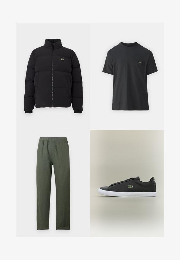 Doudoune noire avec un col haut, une fermeture éclair à l'avant et un petit logo vert. Comprend des sections matelassées et des poignets élastiqués.; T-shirt en coton noir à manches courtes, col rond, avec un petit logo vert sur la poche gauche de la poitrine. Design simple, coupe regular.; Pantalon léger en lin vert foncé avec ceinture élastique et jambes droites. Dispose d'une patte de boutonnage à l'avant sans poches visibles.; Baskets en cuir noir avec semelle en caoutchouc blanche, présentant un logo crocodile vert et des lacets ronds, au design élégant avec une texture lisse.