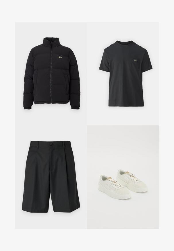 Black puffer jacket with a high collar, front zipper, and a small green logo. Features quilted sections and elasticized cuffs.; Black cotton t-shirt with short sleeves, round neckline, and a small green logo on the left chest pocket. Simple design, regular fit.; Samsøe Samsøe MANDLA - Shorts - black; Pair of off-white low-top sneakers with beige accents, thick soles, and white laces on a plain white background.