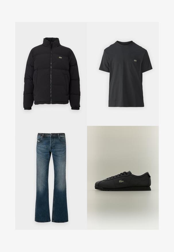 Črna napihljiva jakna z visokim ovratnikom, sprednjim zadrgo in majhnim zelenim logotipom. Ima prešite dele in elastične manšete.; Črna bombažna majica s kratkimi rokavi, okroglo ovratnikom in majhnim zelenim logotipom na levem žepu. Preprost dizajn, redna prileganje.; Posvetljeni modri kavbojki z razširjenimi nogami in petimi žepi, temnim pasom. Imajo subtilno gubanje na stegnih.; Črne nizke športne čevlje z vezalkami na sprednji strani, teksturiranim podplatom in zlatim krokodilovim logotipom ob strani.