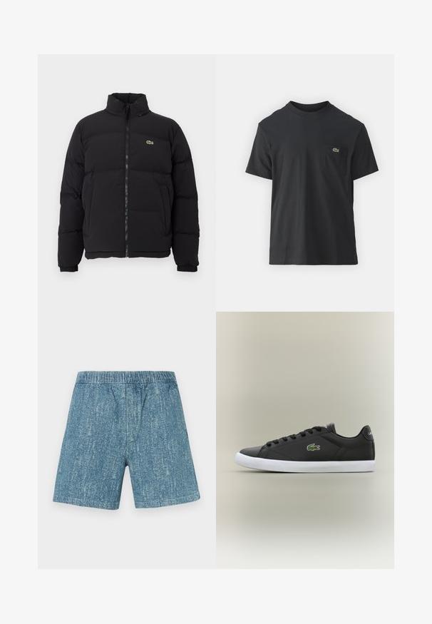 Černá péřová bunda s vysokým límcem, předním zipem a malým zeleným logem. Obsahuje prošívané části a elastické manžety.; Černé bavlněné tričko s krátkým rukávem, kulatým výstřihem a malým zeleným logem na levé kapse. Jednoduchý design, klasický střih.; Džínové kraťasy s elastickým pasem, vybledle modré barvy a texturovaným vzhledem. Rovný střih bez kapes a ozdob.; Černé kožené tenisky s bílou gumovou podrážkou, se zeleným logem krokodýla a kulatými tkaničkami, elegantní design s hladkým povrchem.