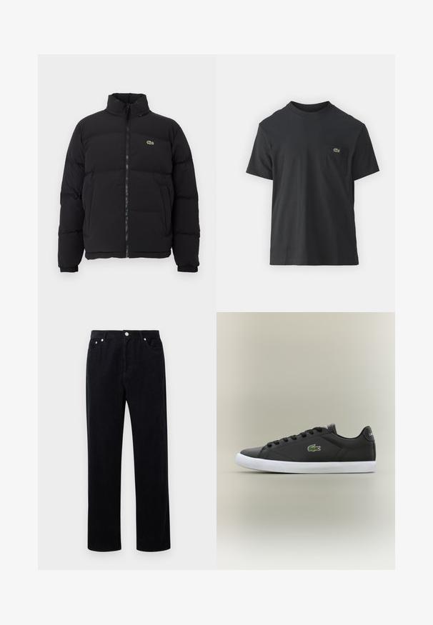 Čierna páperová bunda s vysokým golierom, predným zipsom a malým zeleným logom. Obsahuje prešívané sekcie a elastické manžety.; Čierne bavlnené tričko s krátkymi rukávmi, okrúhlym výstrihom a malým zeleným logom na ľavej náprsnej kapsičke. Jednoduchý dizajn, bežný strih.; Čierne kordové nohavice so strihom rovného nohu, ktorí majú zapínanie na gombík a zips, päť vreciek a mäkkú, štruktúrovanú tkaninu.; Čierne kožené tenisky s bielou gumovou podrážkou, s logom zeleného krokodíla a okrúhlymi šnúrkami, elegantný dizajn s hladkou textúrou.