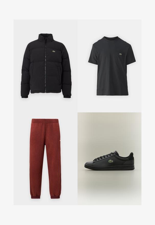 Mustapuffatakki korkealla kauluksella, edessä vetoketju ja pieni vihreä logo. Sisältää tikattuja osia ja joustavat hihansuut.; Mustat puuvillapaidat, joissa on lyhyet hihat, pyöreä pääntie ja pieni vihreä logo vasemmassa rintataskussa. Yksinkertainen muotoilu, normaali istuvuus.; Ruskohvittiset fleecesweatpants, joissa on joustava vyötärö ja nilkkakohdat, esiteltynä valkoista taustaa vasten.; Musta matala nahkakengät mustilla nauhoilla, joissa on vihreä krokotiililogo sivussa, asetettuna yksinkertaista neutraalia taustaa vasten.