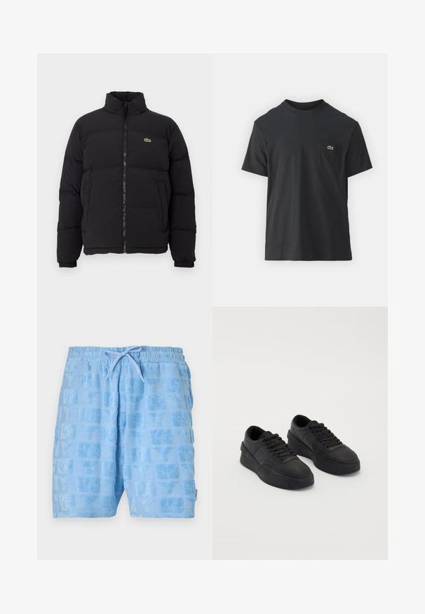 Black puffer jacket with a high collar, front zipper, and a small green logo. Features quilted sections and elasticized cuffs.; Black cotton t-shirt with short sleeves, round neckline, and a small green logo on the left chest pocket. Simple design, regular fit.; Light blue shorts made of textured fabric with a pattern of squares featuring raised designs. Elastic waistband with a drawstring.; Black sneakers made of smooth leather with a cushioned sole. Features include flat laces, perforations on the toe, and a sleek silhouette.