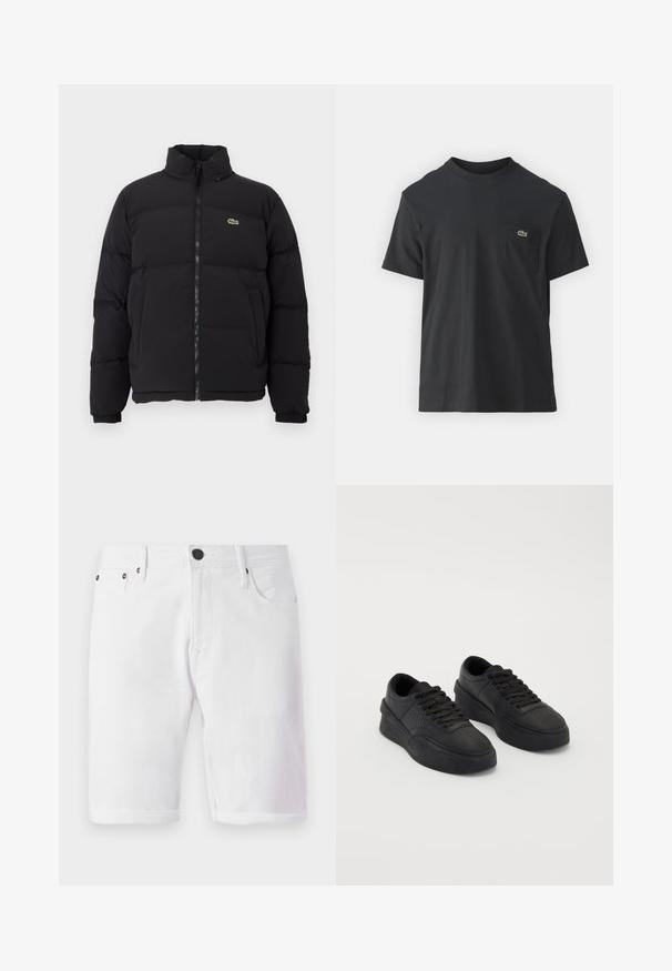 Black puffer jacket with a high collar, front zipper, and a small green logo. Features quilted sections and elasticized cuffs.; Black cotton t-shirt with short sleeves, round neckline, and a small green logo on the left chest pocket. Simple design, regular fit.; White denim shorts with a button closure, five-pocket design, and rolled hem. Smooth texture with metal accents on pockets.; Black sneakers made of smooth leather with a cushioned sole. Features include flat laces, perforations on the toe, and a sleek silhouette.
