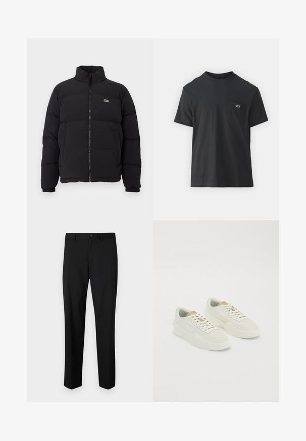 Must küll puffer-jope kõrge kraega, esine tõmblukk ning väike roheline logo. Omab tikitud osi ja elastseid mansette.; Must musta T-särk lühikeste varrukatega, ümmarguse kaelusega ja väikese rohelise logoga vasakus rinnataskus. Lihtne disain, regulaarne lõige.; Mustad mustriga püksid lamedate eest, tavalise vöökoha ja sirgete jalgadega. Valmistatud siledast kangast, millel on üks nööp.; Kaks erinevat värvi kergeid madalaid esiletoodud sneekereid, beige aktsentide ja paksude tallatega, valged nöörid neutraalsel valgel taustal.