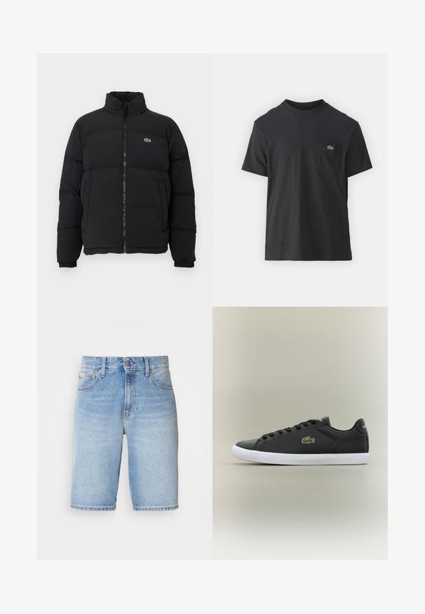 Černá péřová bunda s vysokým límcem, předním zipem a malým zeleným logem. Obsahuje prošívané části a elastické manžety.; Černé bavlněné tričko s krátkým rukávem, kulatým výstřihem a malým zeleným logem na levé kapse. Jednoduchý design, klasický střih.; Džínové šortky světle modré barvy s vybledlým vzhledem, design s pěti kapsami a zapínáním na knoflík. Obsahují výrazné švy a logo značky.; Černé kožené tenisky s bílou gumovou podrážkou, se zeleným logem krokodýla a kulatými tkaničkami, elegantní design s hladkým povrchem.
