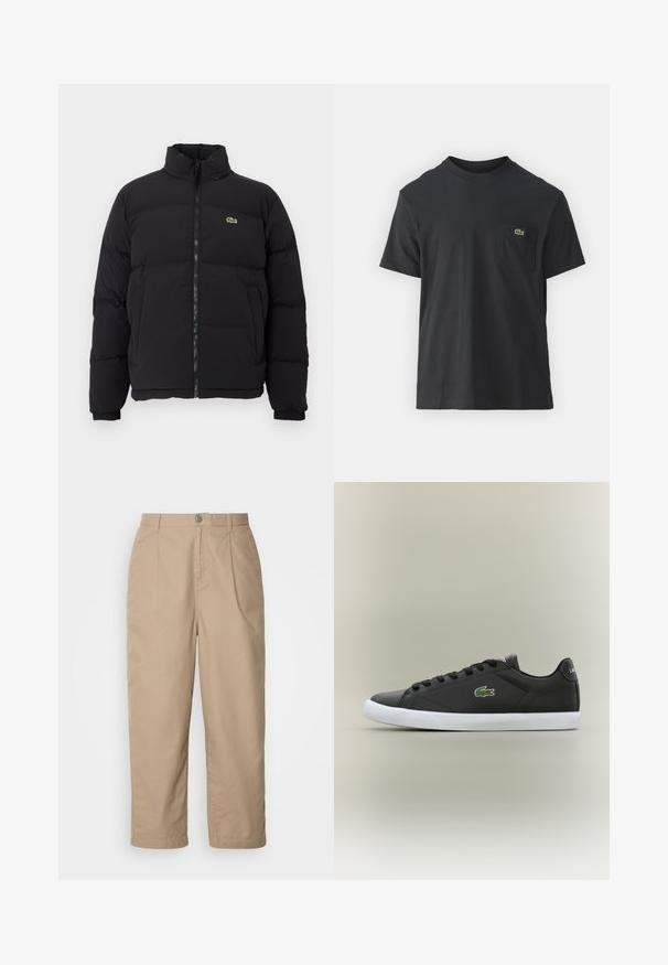 Casaco puffer preto com gola alta, fecho na frente e um pequeno logótipo verde. Apresenta secções acolchoadas e punhos elásticos.; Camiseta de algodão preta com mangas curtas, decote redondo e um pequeno logo verde no bolso do peito esquerdo. Design simples, corte regular.; Calças de algodão leves, em bege, com frente plissada, fecho de botão e pernas retas, apresentando uma textura suave e sem padrões visíveis.; Tênis de couro preto com sola de borracha branca, apresentando um logotipo de crocodilo verde e cadarços redondos, design elegante com textura suave.