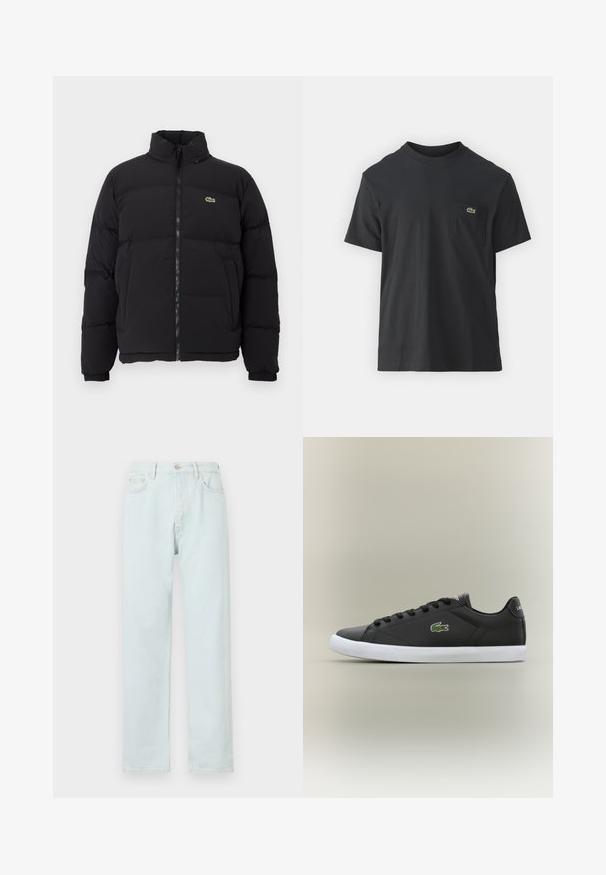 Melnā pūkainā jaka ar augstu apkakli, priekšējo rāvējslēdzēju un mazu zaļu logotipu. Iezīmējas ar kviltētām sekcijām un elastīgām aprocēm.; Melnas kokvilnas T-krekls ar īsām piedurknēm, apaļu kakla izgriezumu un mazu zaļu logotipu kreisajā krūšu kabatē. Vienkāršs dizains, regulāra piegriezuma.; Gaiši zili taisnā griezuma džinsi, izgatavoti no denima, ar pogu aizdari, vieglu nodilumu un piecu kabatu dizainu.; Melnas ādas sporta apavas ar baltu gumijas zoli, rotāts ar zaļu krokodila logotipu un apaļām šņorēm, elegants dizains ar gludu tekstūru.