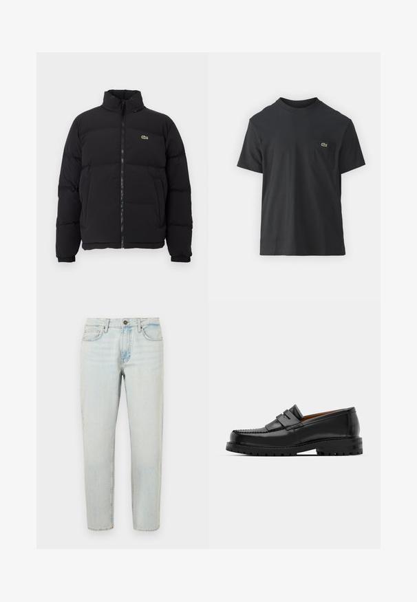 Black puffer jacket with a high collar, front zipper, and a small green logo. Features quilted sections and elasticized cuffs.; Black cotton t-shirt with short sleeves, round neckline, and a small green logo on the left chest pocket. Simple design, regular fit.; Light blue denim jeans with a straight leg fit, five-pocket design, and button closure. Fabric shows a faded, slightly distressed texture.; Black leather loafers feature a raised seam, two decorative straps on the upper, and a thick textured sole for added grip.