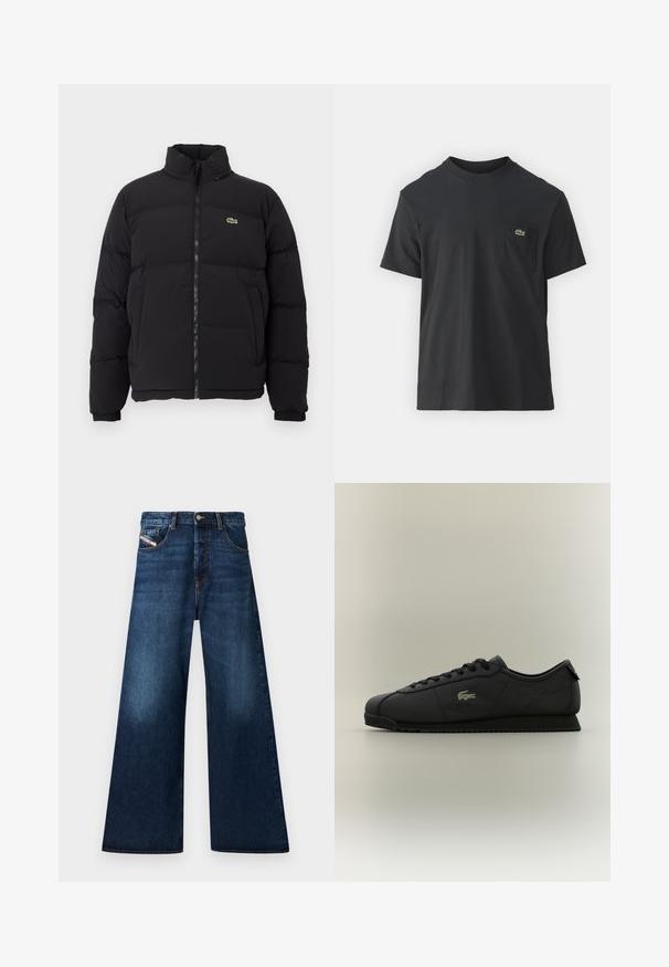 Crni zimski kaput s visokim ovratnikom, prednjim zatvaračem i malim zelenim logotipom. Sadrži kvadrate sa stupovima i elastične manžete.; Crna pamučna majica s kratkim rukavima, okruglim izrezom i malim zelenim logotipom na lijevoj strani džepa. Jednostavan dizajn, regularni kroj.; Široke tamne traperice s visokim strukom. Ima pet džepova, kopčanje na dugme i izbjeljeni finiš u području bedara.; Crne niske tenisice s vezanjem sprijeda, teksturiranim potplatom i zlatnim logom krokodila sa strane.