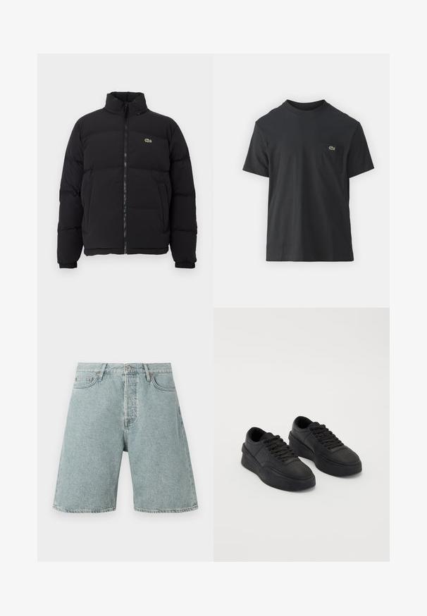 Fekete puffernadrág magas gallérral, elülső cipzárral és egy kicsi zöld logóval. Steppelt részekkel és rugalmas mandzsettákkal rendelkezik.; Fekete pamut póló rövid ujjakkal, kerek nyakú, bal oldalon egy kis zöld logóval a zseb fölött. Egyszerű dizájn, normál szabású.; Világoskék farmer sort, laza szabással, öt zsebbel és gombos záródással. Hasított textúra látható varrási részletekkel.; Simító bőr fekete sportcipők, párnázott talppal. Jellemzői közé tartozik a lapos fűző, a perforációk az orrán és az elegáns sziluett.