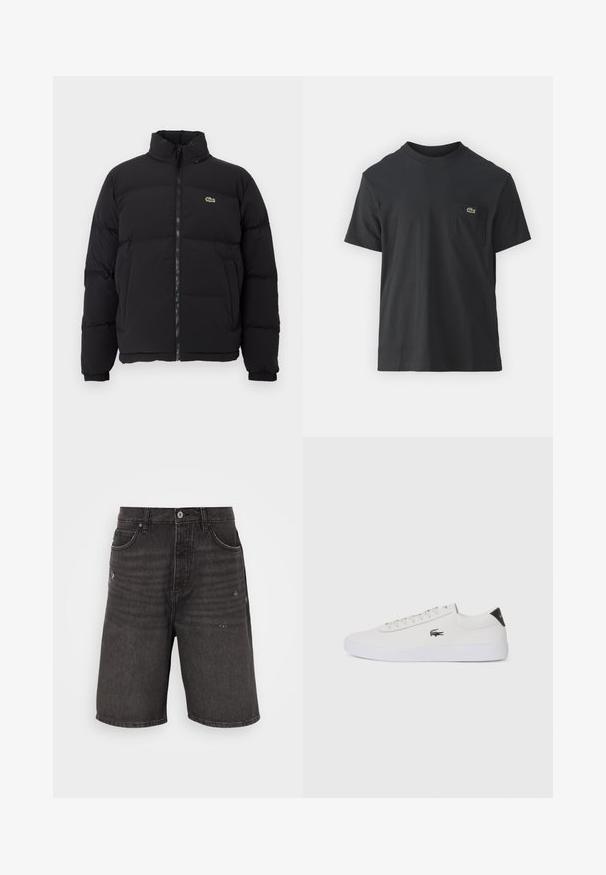 Must küll puffer-jope kõrge kraega, esine tõmblukk ning väike roheline logo. Omab tikitud osi ja elastseid mansette.; Must musta T-särk lühikeste varrukatega, ümmarguse kaelusega ja väikese rohelise logoga vasakus rinnataskus. Lihtne disain, regulaarne lõige.; Mustad denim lühikesed püksid lõdva lõikega, millel on esitaskud, kulunud tekstuur ja klassikaline vöökohus ühe nööbiga sulgemisega.; Valge nahast tenniseking ümara ninaga, lukkude ja musta kontsa aktsendiga. Külgedel on väike broderi krokodilli logo.