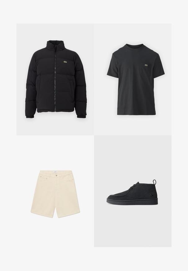 Casaco puffer preto com gola alta, fecho na frente e um pequeno logótipo verde. Apresenta secções acolchoadas e punhos elásticos.; Camiseta de algodão preta com mangas curtas, decote redondo e um pequeno logo verde no bolso do peito esquerdo. Design simples, corte regular.; Calções de ganga bege com corte reto, cinco bolsos e uma etiqueta de marca na cintura. Apresenta fecho por botão e zíper.; Botim de tornozelo em camurça preta, com atacadores, aba na parte traseira e sola texturizada, apresentando um pequeno logótipo de crocodilo em relevo na lateral.