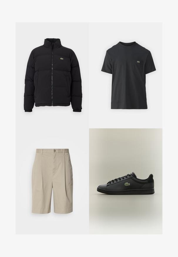 Black puffer jacket with a high collar, front zipper, and a small green logo. Features quilted sections and elasticized cuffs.; Black cotton t-shirt with short sleeves, round neckline, and a small green logo on the left chest pocket. Simple design, regular fit.; Beige cotton shorts with pleated front, waist button closure, and side pockets. Smooth texture and knee-length cut.; Black low-top leather sneaker with black laces featuring a green crocodile logo on the side, set against a plain neutral background.