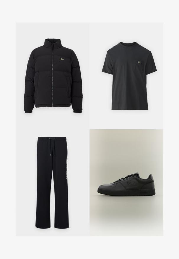 Melnā pūkainā jaka ar augstu apkakli, priekšējo rāvējslēdzēju un mazu zaļu logotipu. Iezīmējas ar kviltētām sekcijām un elastīgām aprocēm.; Melnas kokvilnas T-krekls ar īsām piedurknēm, apaļu kakla izgriezumu un mazu zaļu logotipu kreisajā krūšu kabatē. Vienkāršs dizains, regulāra piegriezuma.; Melnas bikses no mīksta materiāla ar elastīgu jostu un saites. Vienā pusē ir balti uzdrukāts teksts.; Melnas ādas tenisa apavi ar gludu tekstūru, noapaļotu purngalu, plakanu šņorēm un diskrētu logo sānos. Minimalistisks dizains ar izturīgu zoli.