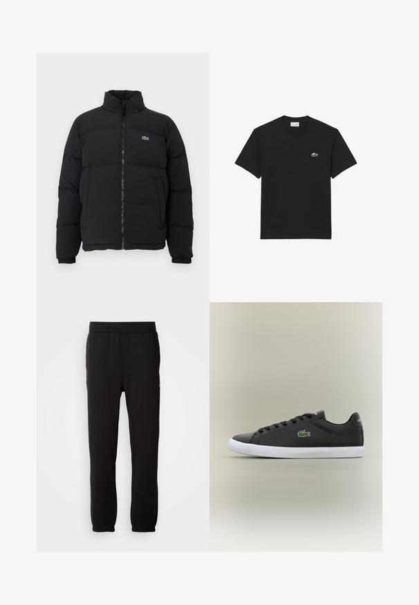 Schwarze Pufferjacke mit hohem Kragen, Frontreißverschluss und kleinem grünen Logo. Verfügt über gesteppten Bereiche und elastische Bündchen.; Schwarzes Baumwoll-T-Shirt mit Rundhalsausschnitt und kurzen Ärmeln, versehen mit einem kleinen gestickten Krokodil-Logo auf der linken Brust.; Schwarze Jogginghose aus weichem Stoff, mit einem elastischen Bund, gerippten Säumen und einem kleinen Logo-Detail an der Seite.; Schwarze Leder-Sneaker mit weißer Gummisohle, ausgestattet mit einem grünen Krokodil-Logo und runden Schnürsenkeln, elegantes Design mit glatter Textur.