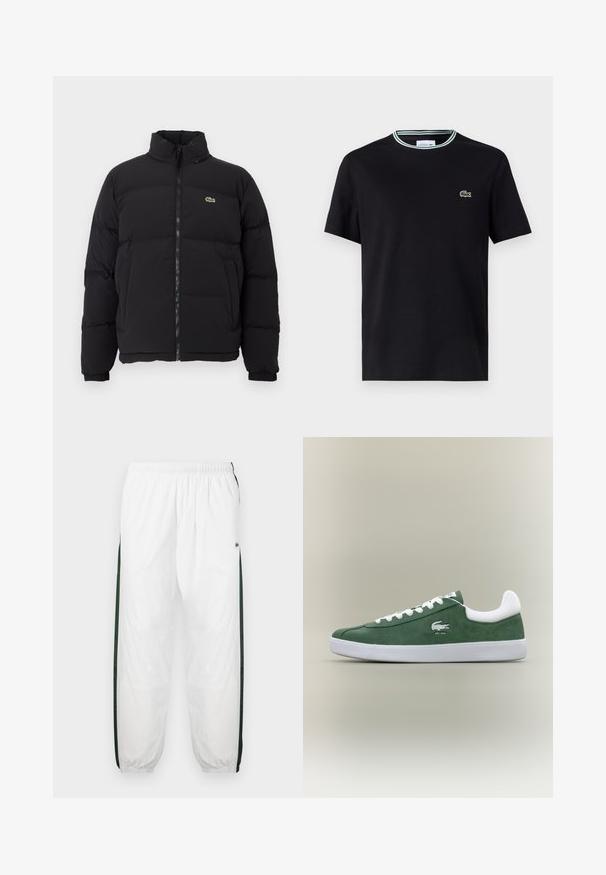 Fekete puffernadrág magas gallérral, elülső cipzárral és egy kicsi zöld logóval. Steppelt részekkel és rugalmas mandzsettákkal rendelkezik.; Fekete pamut póló, kerek nyakkivágással, fehér és zöld csíkos díszítéssel, és zöld hímzett krokodil logóval a bal mellen.; Fehér sportnadrág sötétzöld oldalpanelekkel. Könnyű anyagból készült, rugalmas derékkal és gumis szegéllyel. Az oldalpaneleken hálós textúra található.; Alacsony profilú zöld velúr sneaker fehér fűzőkkel, fehér talppal, párnázott sarokpánttal és hímzett krokodil logóval, rajta az "EST. 1933" felirattal.