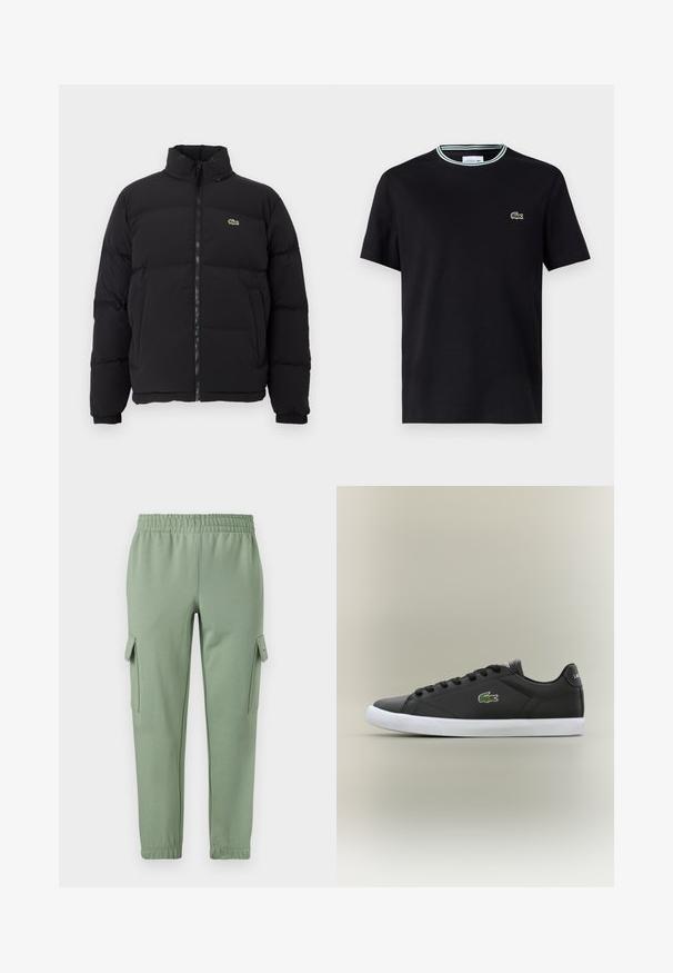 Juodas pūkinis švarkas su aukštu apykakle, priekiniais užtrauktuku ir maža žalia emblema. Yra siūtos dalys ir elastingi rankogaliai.; Juodas medvilnės marškinėliai su apvalia iškirpte, su baltomis ir žaliomis juostelėmis, ir išsiuvinėtu žaliu krokodilo logotipu kairiajame krūtinės šone.; Šviesiai žali treningai su elastinga juosmens juosta, siaurėjančiomis kojomis ir dviem šoninėmis kišenėmis. Pagaminti iš minkštos, kvėpuojančios medžiagos.; Juodos odinės sportbačiai su baltais guminiais padais, turintys žalią krokodilo logotipą ir apvalias raišteles, elegantiškas dizainas su lygia tekstūra.