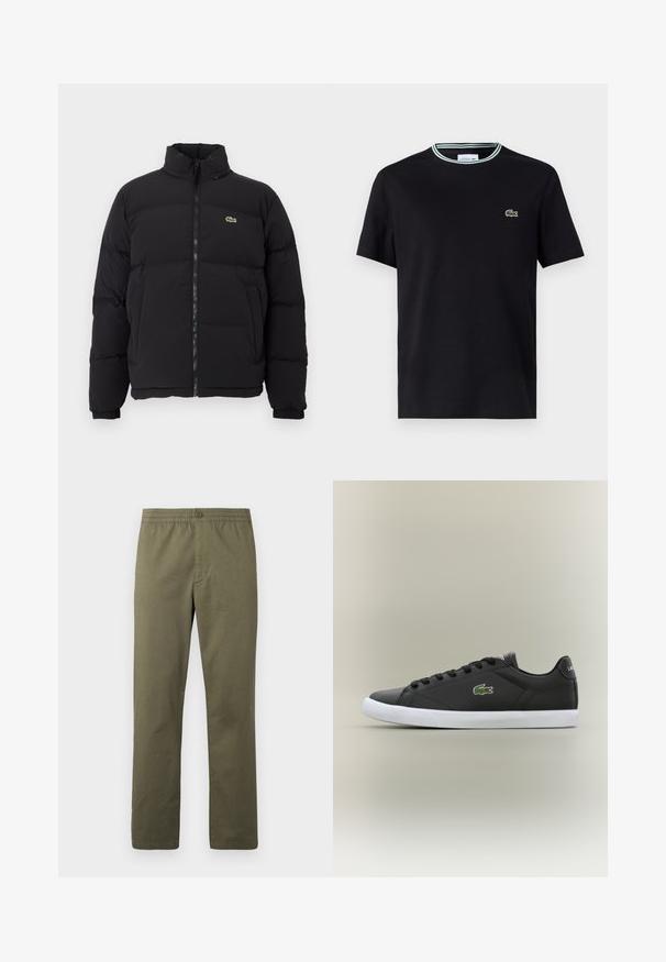 Fekete puffernadrág magas gallérral, elülső cipzárral és egy kicsi zöld logóval. Steppelt részekkel és rugalmas mandzsettákkal rendelkezik.; Fekete pamut póló, kerek nyakkivágással, fehér és zöld csíkos díszítéssel, és zöld hímzett krokodil logóval a bal mellen.; Lacoste Nadrágok - olive; Fekete bőr sportcipők fehér gumitalppal, zöld krokodil logóval és kerek fűzőkkel, elegáns dizájn sima felülettel.