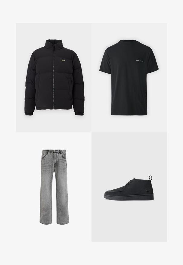 Doudoune noire avec un col haut, une fermeture éclair à l'avant et un petit logo vert. Comprend des sections matelassées et des poignets élastiqués.; T-shirt en coton noir avec un col rond classique, des manches courtes et deux petits logos blancs "SAMSØE" sur la poitrine gauche.; Un jean en denim gris avec une coupe droite, taille haute, cinq poches et une texture délavée. Il présente une fermeture à boutons et des passants de ceinture.; Bottines en suède noir à lacets avec tirant et semelle texturée, présentant un petit logo de crocodile embossé sur le côté.