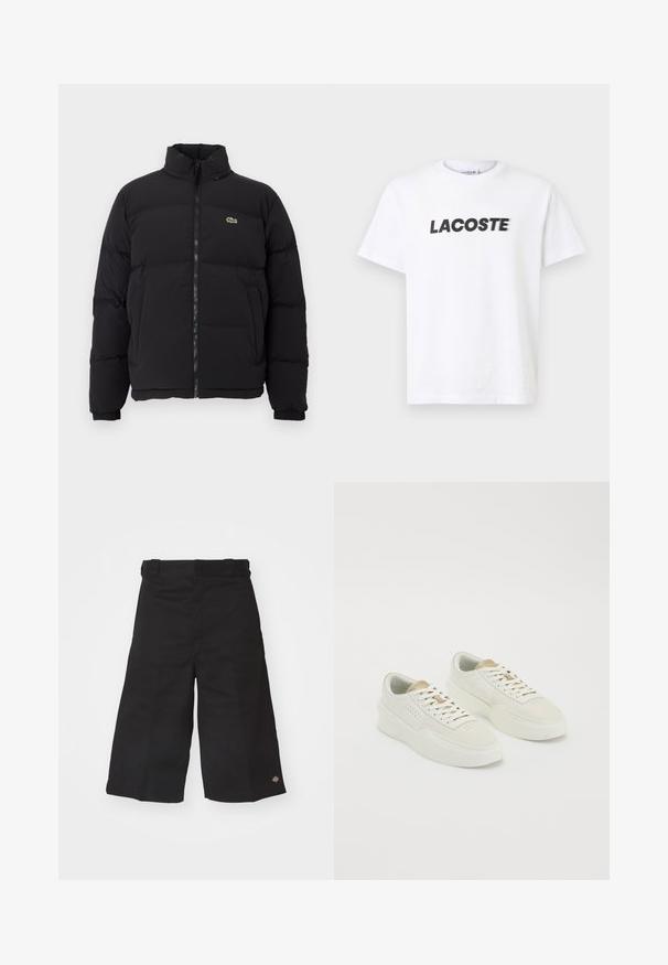 Fekete puffernadrág magas gallérral, elülső cipzárral és egy kicsi zöld logóval. Steppelt részekkel és rugalmas mandzsettákkal rendelkezik.; Fehér pamut póló, amelyen egy feltűnő fekete "LACOSTE" logó található a mellkason. Rövid ujjak és kerek nyakú dizájn.; Fekete, széles lábmuszlin rövidnadrág, tartós anyagból készült. Simább textúrája van, és egy kis logó található az alján. Négy övhurkot tartalmaz a derékrészen.; Két sárgásfehér alacsony szárú sportcipő bézs kiegészítőkkel, vastag talppal és fehér fűzőkkel, sima fehér háttéren.