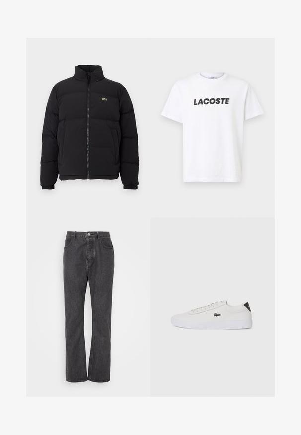 Black puffer jacket with a high collar, front zipper, and a small green logo. Features quilted sections and elasticized cuffs.; White cotton t-shirt featuring a prominent black "LACOSTE" logo across the chest. Short sleeves and a crew neck design.; Black denim jeans with a straight leg design, featuring a front button closure, belt loops, and subtle fading for texture.; White leather sneaker with round toe, lace-up front, and black heel accent. Features a small embroidered crocodile logo on the side.