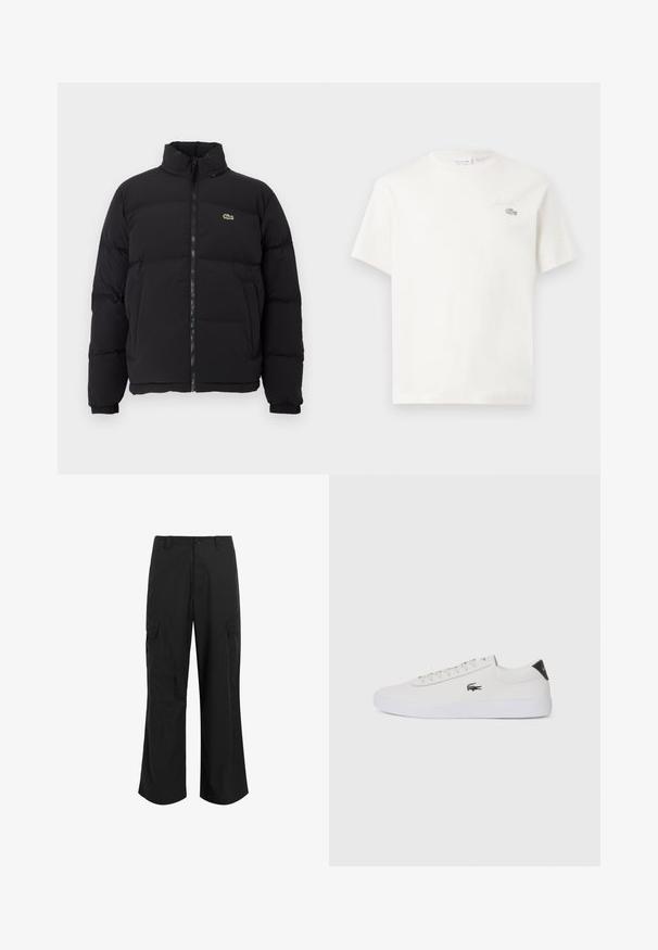 Fekete puffernadrág magas gallérral, elülső cipzárral és egy kicsi zöld logóval. Steppelt részekkel és rugalmas mandzsettákkal rendelkezik.; Fehér pamut póló rövid ujjakkal, diszkrét hímzett logóval és minimalista designnal. Puha tapintású, kerek nyakkivágású.; Fekete cargo nadrág, könnyű anyagból készült, laza szabással, két nagy oldalsó zsebbel és gombos záródással.; Fehér bőr sportcipő kerek orral, fűzős elülső résszel és fekete sarok akcentussal. Oldalán egy kis hímzett krokodil logóval rendelkezik.