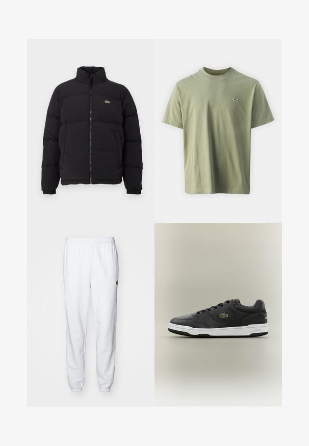 Juodas pūkinis švarkas su aukštu apykakle, priekiniais užtrauktuku ir maža žalia emblema. Yra siūtos dalys ir elastingi rankogaliai.; Alyvuogių žalios spalvos medvilnės marškinėliai su apykakle ir trumpomis rankovėmis. Yra mažas, išsiuvinėtas logotipas ant krūtinės. Lygi tekstūra.; Balsva fleece tipo kelnės su elastingu juosmeniu ir rankogaliais, su žaliu logotipo akcentu dešinėje pusėje. Minkšta, lygi tekstūra.; Juodos odinės sportinės bateliai su baltu guminio pado. Puošia žalias siuvinėtas logotipas ir apvalios nosies dizainas. Su virvutėmis užsegimas ir perforuotas raštas.