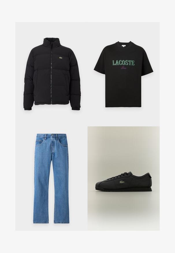 Black puffer jacket with a high collar, front zipper, and a small green logo. Features quilted sections and elasticized cuffs.; Black cotton t-shirt with short sleeves, featuring green text "LACOSTE" and purple "Paris" below. Simple design, standard crew neck.; Blue denim jeans with straight leg design, five pockets, button closure, and subtle fading. Features standard stitching and a belt loop waistband.; Black low-top sneaker with lace-up front, textured sole, and gold crocodile logo on the side.