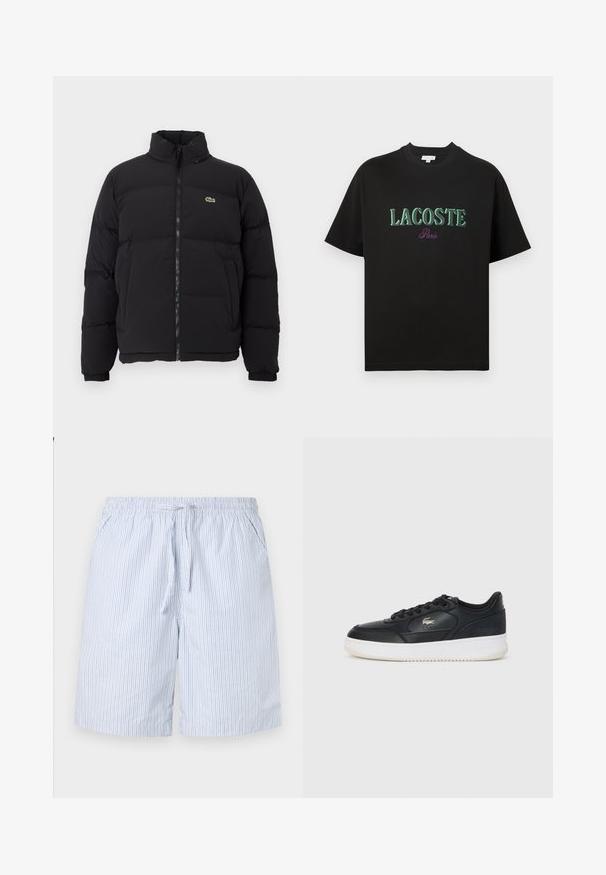 Schwarze Pufferjacke mit hohem Kragen, Frontreißverschluss und kleinem grünen Logo. Verfügt über gesteppten Bereiche und elastische Bündchen.; Schwarzes Baumwoll-T-Shirt mit kurzen Ärmeln, mit grünem Schriftzug "LACOSTE" und lila "Paris" darunter. Schlichtes Design, klassischer Rundhalsausschnitt.; Blaue und weiße gestreifte Badeshorts aus leichtem Material, mit einem elastischen Bund und Kordelzug sowie seitlichen Taschen.; Schwarze Ledersneaker mit weißer Sohle, runde Spitze, Schnürverschluss und einem dezenten Logo an der Seite. Strukturierte Obermaterialakzente.