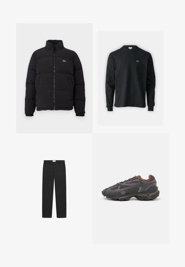 Black puffer jacket with a high collar, front zipper, and a small green logo. Features quilted sections and elasticized cuffs.; Black long-sleeve t-shirt made of cotton, featuring a round neckline and a small green embroidered crocodile logo on the left chest.; Black trousers with a straight-leg design, made of fabric with a smooth texture, featuring two front pockets and a standard waistband.; Lacoste sneakers in dark gray with mesh and synthetic material, featuring a textured sole and brown accents on the collar and branding.