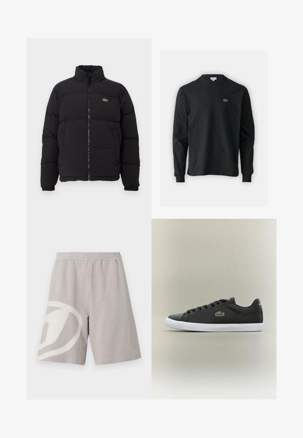 Crni zimski kaput s visokim ovratnikom, prednjim zatvaračem i malim zelenim logotipom. Sadrži kvadrate sa stupovima i elastične manžete.; Crna majica dugih rukava od pamuka, s okruglim izrezom i malim zelenim izvezenim logotipom krokodila s lijeve strane prsnog dijela.; Svjetlosive casual kratke hlače s elastičnim pojasom i velikim bijelim apstraktnim dizajnom na lijevoj nozi, prikazane na bijeloj pozadini.; Crne kožne tenisice s bijelim gumenim potplatom, s zelenim krokodilom kao logotipom i okruglim vezicama, elegantnog dizajna s glatkom teksturom.