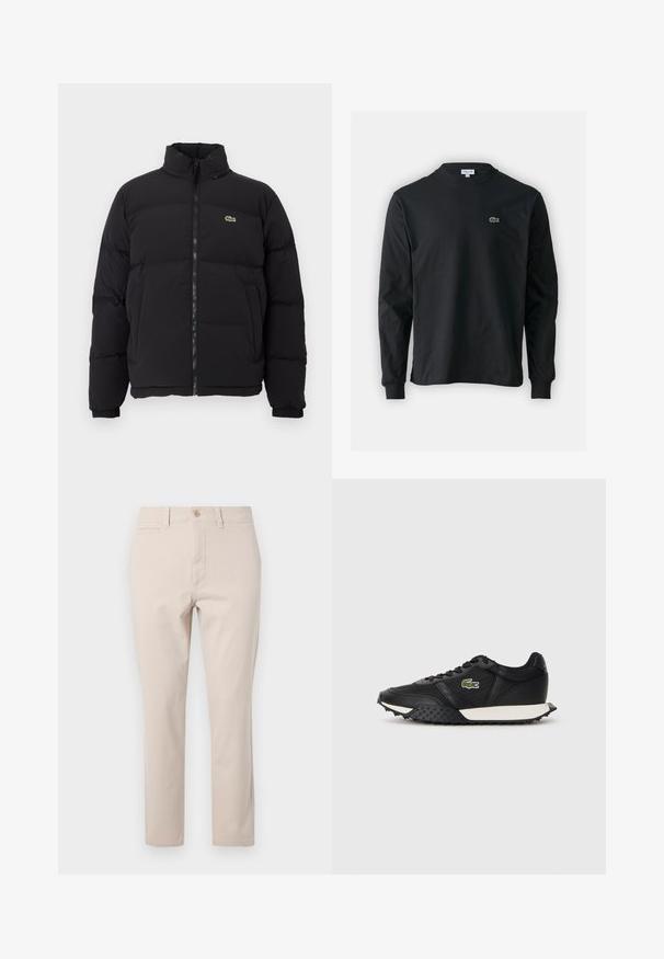 Melnā pūkainā jaka ar augstu apkakli, priekšējo rāvējslēdzēju un mazu zaļu logotipu. Iezīmējas ar kviltētām sekcijām un elastīgām aprocēm.; Melna garām piedurknēm t-krekls, izgatavots no kokvilnas, ar apaļu kakla izgriezumu un mazu zaļu izšūtu krokodila logo kreisajā krūtī.; Beige kokvilnas bikses ar taisnu griezumu, ar priekšējo pogu aizdari, apkakles cilpām un vienu aizmugurējo kabatu. Gluda tekstūra.; Melnas kedas ar gludu ādas apdari, ar strukturētu gumijas zoli, baltu vidusdaļu un zaļu izšūtu logo sānos.