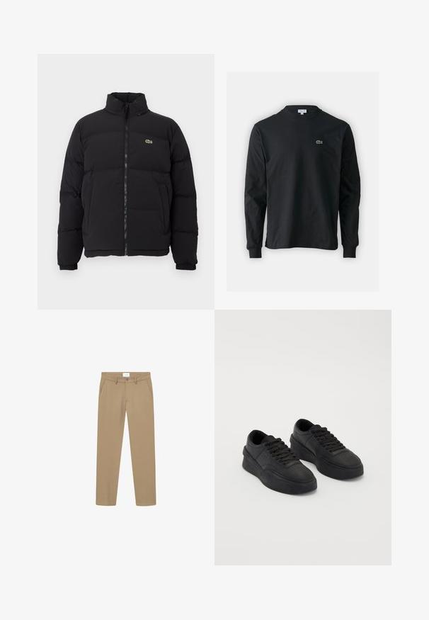 Čierna páperová bunda s vysokým golierom, predným zipsom a malým zeleným logom. Obsahuje prešívané sekcie a elastické manžety.; Čierne tričko s dlhým rukávom vyrobené z bavlny, s okrúhlym výstrihom a malým zeleným vyšívaným logom krokodíla na ľavej hrudi.; Béžové nohavice s hladkým povrchom, rovný strih, predné vrecká a zapínanie na gombík. Označenie viditeľné na páse.; Čierne tenisky z hladkej kože s polstrovanou podrážkou. Medzi vlastnosti patrí ploché šnúrky, perforácie na špičke a elegantný silueta.