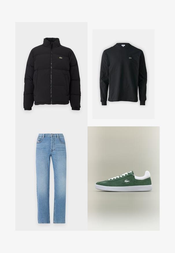 Must küll puffer-jope kõrge kraega, esine tõmblukk ning väike roheline logo. Omab tikitud osi ja elastseid mansette.; Must musta särk pikad varrukad, valmistatud puuvillast, ümar kaelus ja vasakul rinnal väike rohelise värvi tikandiga krokodillilogoga.; Heledad sinine teksarihm, sirge sääre disain, nööbiga sulgemine, viie tasku stiil ja õrnalt fadeeritud tekstuur. Klassikaline teksapükste siluett.; Madala profiiliga roheline sametist tennis, valgete paelte ja valge tallaga, pehmendatud kannakollari ja brodeeritud krokodillilogo tekstiga "EST. 1933".