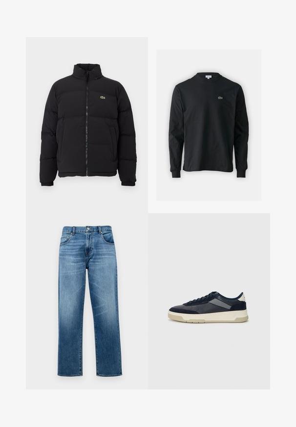 Czarna kurtka puchowa z wysokim kołnierzem, przednim zamkiem błyskawicznym i małym zielonym logo. Posiada pikowane sekcje oraz elastyczne mankiety.; Czarna koszulka z długim rękawem, wykonana z bawełny, z okrągłym dekoltem i małym haftowanym logo krokodyla w kolorze zielonym po lewej stronie klatki piersiowej.; Niebieskie dżinsy o prostym kroju, z pięcioma kieszeniami i zapięciem na guziki. Na tkaninie widać delikatne blaknięcie i subtelna fakturę.; BOSS BALTIMORE niebieski