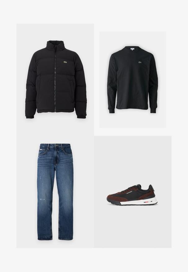 Casaco puffer preto com gola alta, fecho na frente e um pequeno logótipo verde. Apresenta secções acolchoadas e punhos elásticos.; Camisola preta de manga longa feita de algodão, com decote redondo e um pequeno logótipo de crocodilo bordado em verde no lado esquerdo do peito.; Jeans de ganga azul com um design de perna reta. Apresentam áreas desbotadas e ligeira desgastação na frente, com um fecho clássico por botão.; Tommy Hilfiger RETRO RUNNER MIX - Sapatilhas - black/cocoa