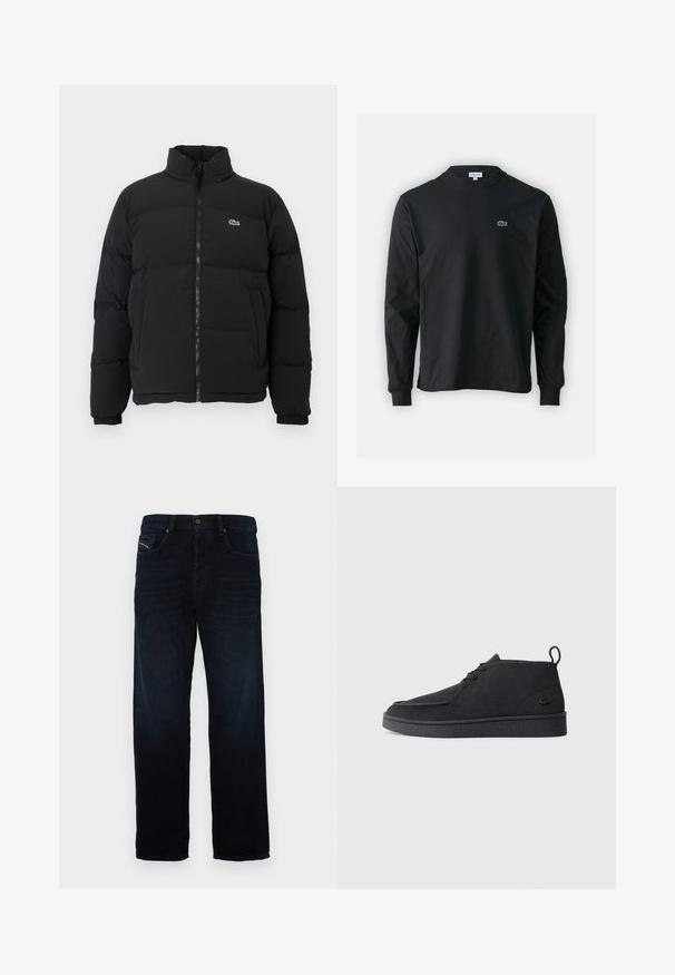 Chaqueta de plumas negra con cuello alto, cremallera frontal y un pequeño logotipo verde. Presenta secciones acolchadas y puños elásticos.; Camiseta de manga larga negra de algodón, con escote redondo y un pequeño logo de cocodrilo bordado en verde en el lado izquierdo del pecho.; Vaqueros de mezclilla azul oscuro con un diseño de pierna recta, que cuentan con un bolsillo delantero y un cierre de botón. La tela tiene una textura suave y un ligero brillo.; Botines de ante negros con cordones, tirador en la parte trasera y suela texturizada, que presentan un pequeño logo de cocodrilo en relieve en el lateral.