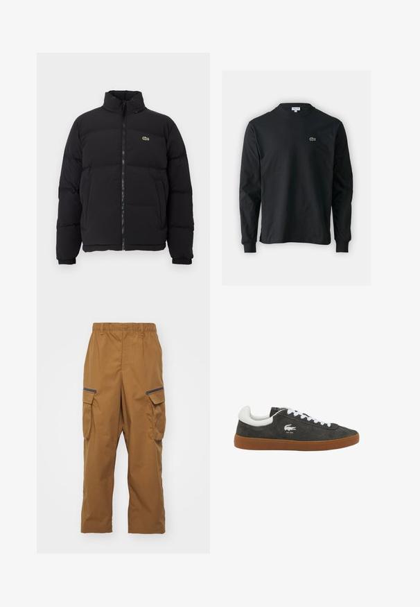 Chaqueta de plumas negra con cuello alto, cremallera frontal y un pequeño logotipo verde. Presenta secciones acolchadas y puños elásticos.; Camiseta de manga larga negra de algodón, con escote redondo y un pequeño logo de cocodrilo bordado en verde en el lado izquierdo del pecho.; Pantalones cargo marrones con un ajuste relajado, cinturilla elástica, dos bolsillos laterales y detalles en negro en los bolsillos. Fabricados en un tejido duradero y texturizado.; Zapatillas de ante gris con cordones blancos, que cuentan con una suela de goma y un pequeño logotipo de cocodrilo blanco en el lateral. Textura suave y diseño de perfil bajo.